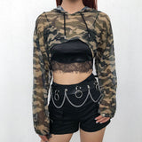 Station 2023 New Ins Network Celebrity Trend Street Dance Perspective Net Gauze Short Camouflage Hoodie Blouse-Outfit