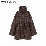 Oversized Cotton Padded Leather Parkas Women Belted Thick Winter Jackets Ladies Casual Solid Warm Coat Female
