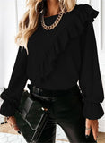 and Autumn Long Sleeve Ruffles Blouse Women Tops Loose Chiffon Shirt 2022 Korean Office O-neck Solid Fashion Blouse
