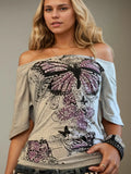 Niche Design Sense Retro Print Shoulder Short-Sleeved T-Shirt Hottie Side Shoulder-To-Shoulder-To-Shoulder-To-Shoulder-To-Wear