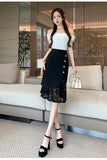 Black Lace Patchwork High Waist Pencil Skirt-Outfit