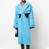Toloer 2024 New Fashion Hollow Design Sense Kink Waist Show Thin Long Blue Plush Coat Female-Outfit