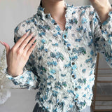 Folded Print Folding Shirt 2025 Summer New Cardigan Blouse Retro Temperament Wrinkled