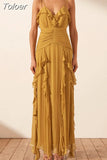 Sexy Summer Dress For Women 2023 V Neck Sleeveless Off Shoulder High Waist Ruffle Trim Irregular Midi Dresses Female