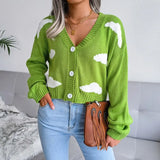 Korean Sweaters Women Cloud Harajuku Fashion V-neck Sweater Short Long Sleeve Crop Top Cardigan Knitted Ropa Mujer
