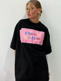 Letter Print Bumper T-Shirt Foundation Buffet Short Sleeves Front Shoulder Thin Long Round Collar