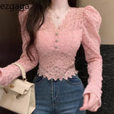 Fashion Shirts Women Puff Loong Sleeve V Neck Autumn Winter Slim Lace Patchwork Crop Tops Female Sexy Elegant Blouse-Outfit