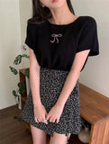 Round Neck Bow Print Short Sleeved Knitted Top-Outfit