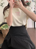 Round Neck Bow Print Short Sleeved Knitted Top-Outfit