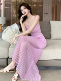 Stitched Pink Knitted Dress A New Summer Style For Women With Waist Halter And Perspective Fishtail Dress-Outfit