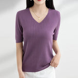 Toloer The Summer Of 2024, Women's Knit Short Sleeve Korean V-Neck Solid Color T-Shirt And A Pit Top-Outfit