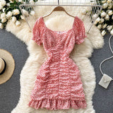 2021 Summer Chiffon Floral Dress Women Sexy Short Beach Dresses French Boho Daisy Print Vacation Party Ruched