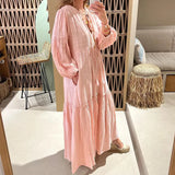 Toloer Spot 2024 Autumn New Women's Fashion V-Neck Bubble Sleeve Bohemian Cotton Linen Dress-Outfit
