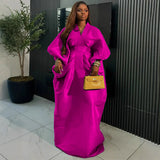 New Loose V-Neck Bat Long-Sleeved Dress 褶皱收 Waist Big Swing Fashion Party Dress