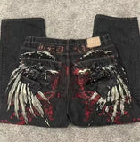 Trend Of Spring And Autumn Street Dark Gotham Haircut Printed Jeans Loose Personality Wide-Legged Trousers-Outfit