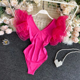 Women Girl Soild V Neck Mesh Ruffle Lotus Leaf Sleeve Bodysuits Swim Beach Holiday Bodysuit Rompers