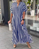 Toloer Women's Fashion Side Slit Stripe Loose Casual Short-Sleeved Dress-Outfit