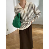 Women's Zipper Polo's Neck Striped Sweatshirt Long Sleeve Casual