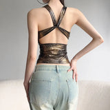 Cloth Forget Hottie Retro Leopard Thoracic Cross-Back Hollow Top Design Sense V Collar Body