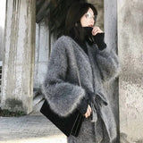 Womens Solid Colour Cardigans Sweater Casual Mink Fur Knitting Jackets Loose Large Sizes Lace-up Outerwear