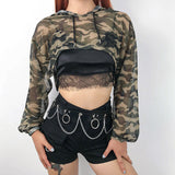 Station 2023 New Ins Network Celebrity Trend Street Dance Perspective Net Gauze Short Camouflage Hoodie Blouse-Outfit