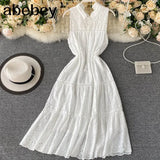 Sleeveless Tank Dress Women Summer 2022 Hollow Embroidery Solid Ladies Yellow Pink White Elegant