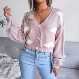 Korean Sweaters Women Cloud Harajuku Fashion V-neck Sweater Short Long Sleeve Crop Top Cardigan Knitted Ropa Mujer