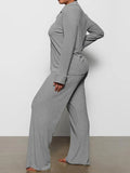 Long Sleeve Button Down Ribbed Knit Pajamas Set-Outfit