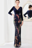 Winter Elegant Velvet With Sequins Deep V Neck Long Sleeve Slit Cocktail Eevening