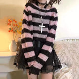 Punk Gothic Sweater Emo Tops E-girls Mall Goth Pullovers Y2k Harajuku Grunge Clothes Alt Dark Aesthetic Striped