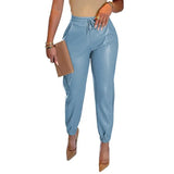 Women PU Leather Autumn Fashion Elegant Office Casual Loose Harem Leather Pants Elastic High Waist Female Long Trousers-Outfit