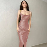 Silk Dresses Fashion 2022 Satin Sexy Dress Women Summer Sleeveless Bodycon Solid High Waist Midi Green Dress Robes
