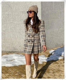 British Style Women Plaid Tweed Jacket Coat With Pockets Fashion Office Ladies Double Breasted Tops Casual