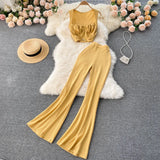Women Summer Two Pieces Sets Sleeveless Slim Short Tops+High Waist Wide Legs Long Pants Fashion Long Two Piece