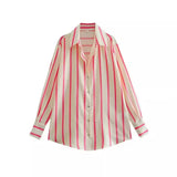 Toloer New Fashion Temperament Lapel Multi-Color Stripe Silk Satin Texture Long Sleeve Loose Shirt Female-Outfit