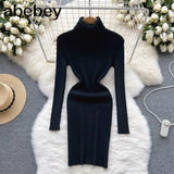 Sheath Women Dress Fashion Turtleneck Long Sleeve A Line Bodycon Dress Female Solid Streetwear Knitted