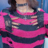 Toloer Long Punk Dark Match Broken Hole Torn Sweater Female Couple Striped Loose Niche Knit Woman-Outfit