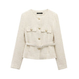Homemade New Women's Wear Belt Textured Long-Sleeved Round-Neck Casual Suit