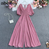 dot holiday casual wide leg jumpsuits V Neck Puff Sleeve Waist Elastic Rompers loose beach long
