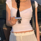 Girl Wrinkled Waist Show Thin Lace Collar T-Shirt Summer All-Color Simple Knitted Short-Sleeved Blouse-Outfit