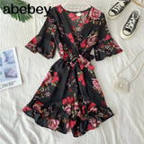 Ruffled Women Playsuits Elastic High Waist Bow Female Jumpsuit Romper Butterfly Sleeve Short Overalls for