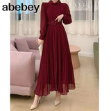 New Spring Summer Temperament half high collar long sleeve Dress high waist lace up waist mid-length A-line Pleated