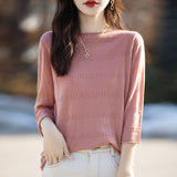 Toloer And Summer Thin Round Collar Jacquard Wool Knit T-Shirt Women's Seven Minute Sleeve Solid Color Bottom Sweater Middle Sleeve Cashmere Top-Outfit