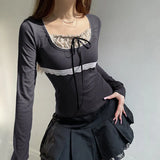 Lace Stitching Bow Patchwork Long Sleeve Tee-Outfit