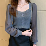 Bubble Sleeves Women's Long Sleeve Spring New Square Collar Knitted Shirt Dress Jacket Coat Jacket
