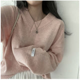Dark Academia Solid Color V-Neck Pullover Sweater-Outfit