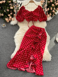 Women Summer Korean Dot Vacation Set Elastic Ruched Puff Sleeve Short Tops+Irregular Ruffle Long Skirt Two Piece