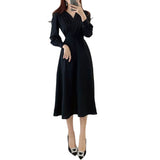 And Autumn 2025 New Korean Chic Temperament Design Feel Waist Thin V Collar Long Dress Women's