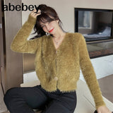 Fur Knit Cardigan Thin Sweater Coat Long Sleeve V-Neck Button Outfit Women Korean Cute Solid Pink White Crop Top