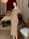 Pat Gentle Little Whine Fine Knitting Hanging Neck Pure Desire Forked Dress Autumn And Winter Temperament Waist Waist Hip Length Skirt-Outfit